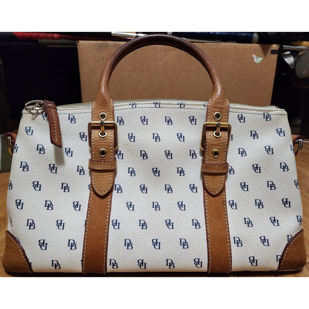 Vintage Dooney & Bourke White Coated Canvas Monogram Leather Strap Shoulder Bag